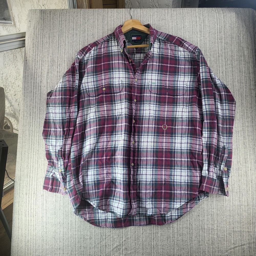 Tommy Hilfiger Shirt Mens Large Red Green Plaid Button Down Long Sleeve Crest